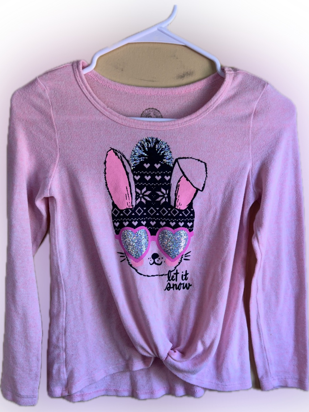 Kids Pink Long-Sleeve Lightweight Sweater Top - Let It Snow Snow Bunny